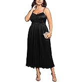 SCOMCHIC Women's Plus Size Dress Pleated V Neck Sleeveless Spaghetti Strap A Line Cocktail Party Cami Long Maxi Dress
