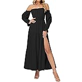 OULESIS Women Boho Maxi Dress Sexy Off Shoulder Long Sleeve Smocked Flowy Dresses A Line Tiered Sundress Slit Wedding Dress