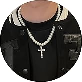 IMEGILO Cross pearl necklace for men pearl necklaces for women 8mm Faux Pearl Necklace Can be worn by both men and women Fashion Accessories is Perfect for any Occasion