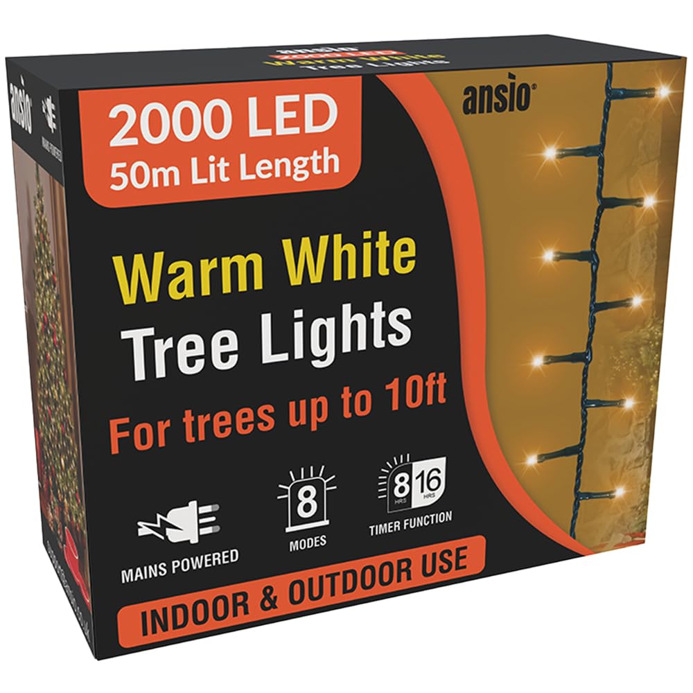 ANSIO® Christmas Tree Lights 2000 LED 50m/164ft - Warm White Cluster Compact Lights for Indoor & Outdoor Decorations Fairy Lights with Timer for Xmas Garden & Party | Mains Powered Green Cable