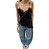 Women Satin Lace Camisole Top Sleeveless Spaghetti Strap Silk Lace Trim Cami Top Asymmetrical Tank Top Streewear