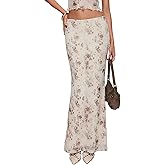 ZREQV Women's Maxi Skirt Mesh Floral Print Casual High Waisted Elastic Bodycon Fishtail Hem Vacation Long Skirts