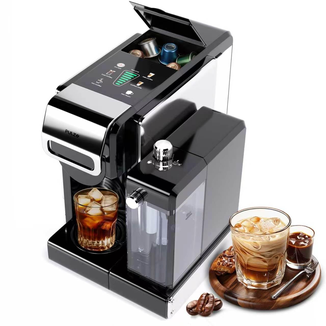 Photo 1 of PULZO Espresso Machine with Integrated Automatic Milk Frother, capsule coffee maker for K*cup capsule/Ne*s Original/coffee powder, One Touch Latte & Cappuccino