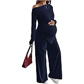 MakeMeChic Women's Maternity Clothes 2 Piece Spring Outfits Asymmetrical Top and Pants Pregnancy Matching Sets Blue Large