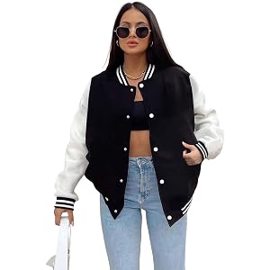 Girls Varsity Baseball Jacket, Casual Button Up Long Sleeve Bomber Coat for Kids School Daily Wear