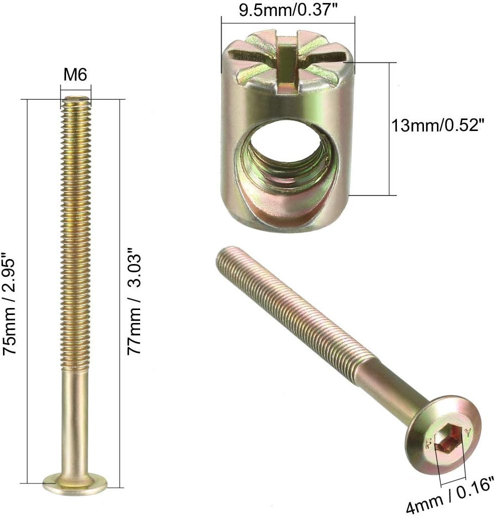 sourcing map M6x75mm Furniture Bolt Nut Set Hex Socket Screw 52mm Thread Length with Barrel Nuts for Beds Headboards Chairs 8 Sets - Image 4
