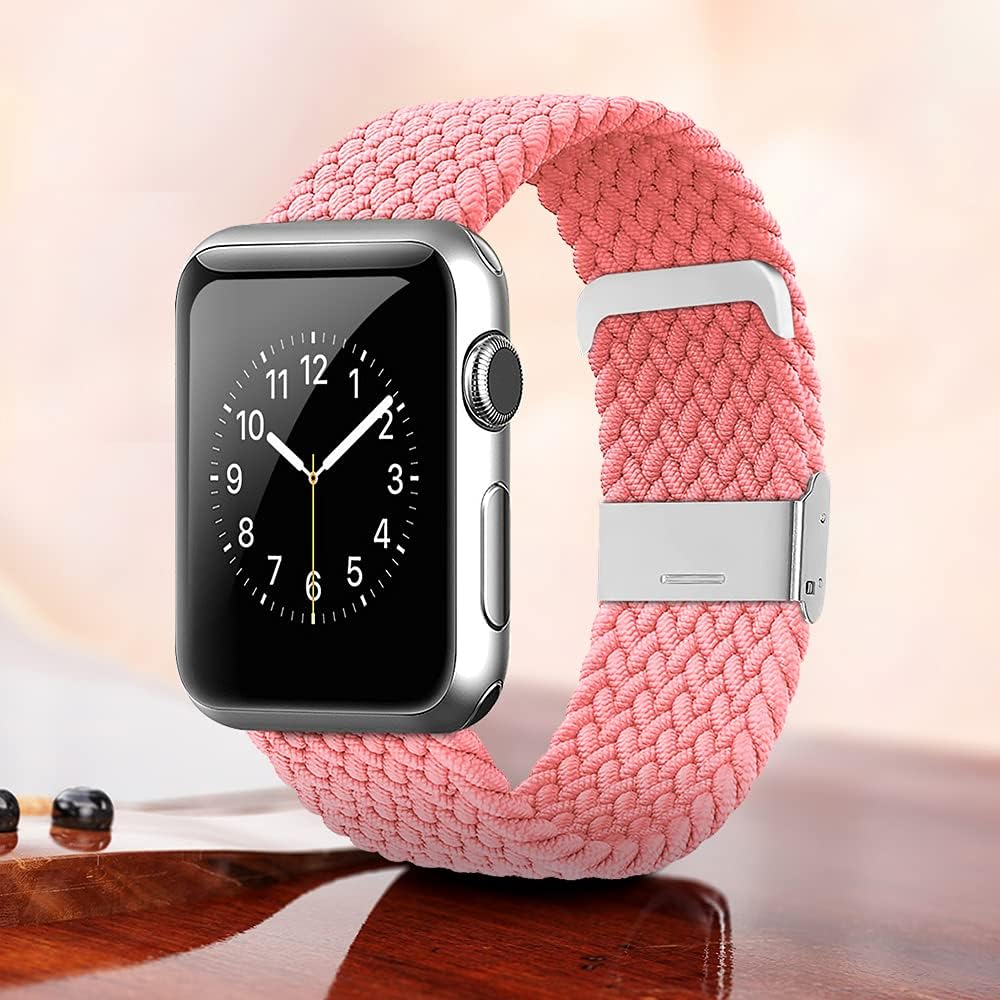 WZS Adjustable Extra Length Nylon Braided Solo Loop Watch Band Compatible with Apple Watch 38/40MM,Pink