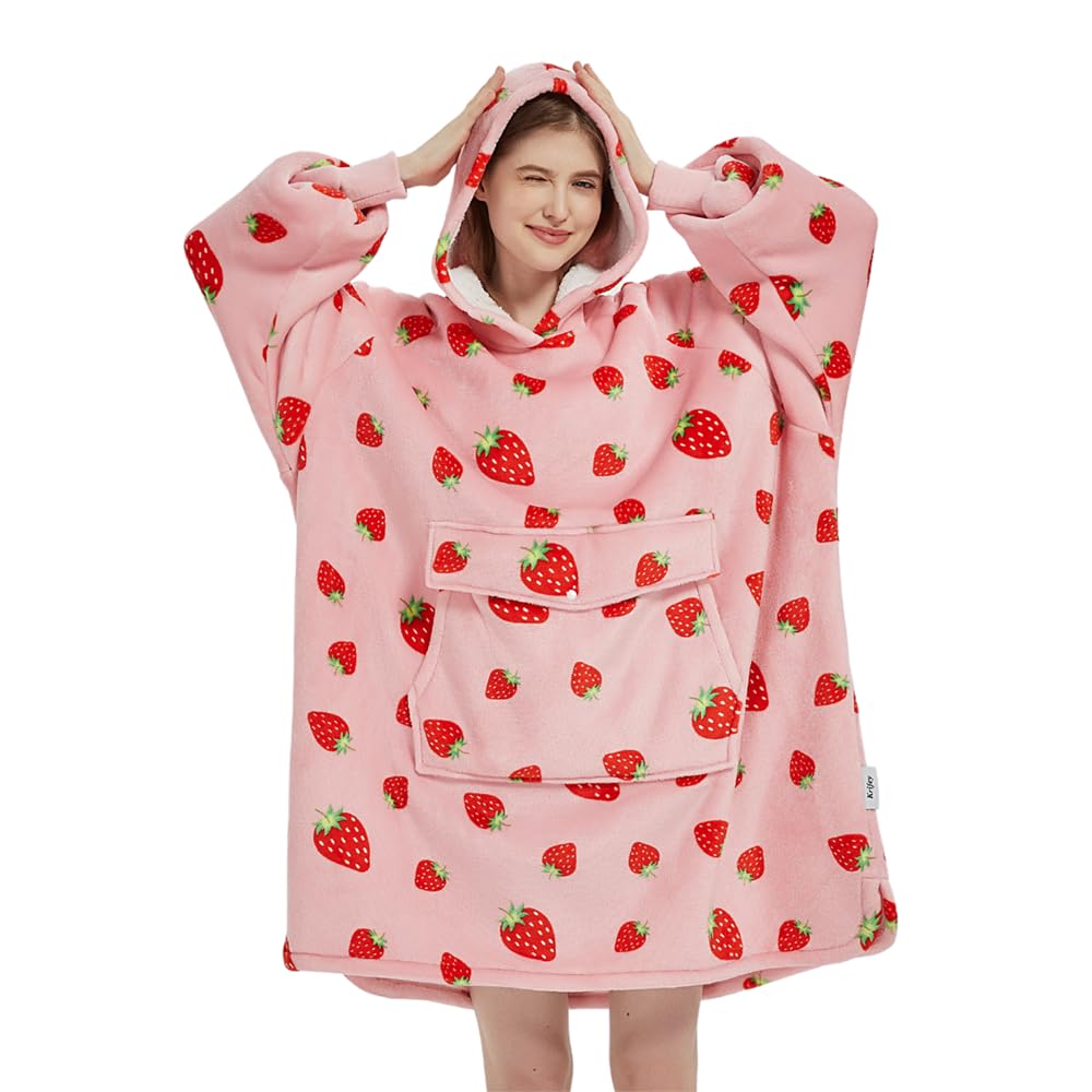 Krifey Wearable Blanket Hoodie, Oversized Sherpa Fleece Sweatshirt with Giant Pocket, Birthday Gifts for Women, Mom, Sister, Strawberry Image