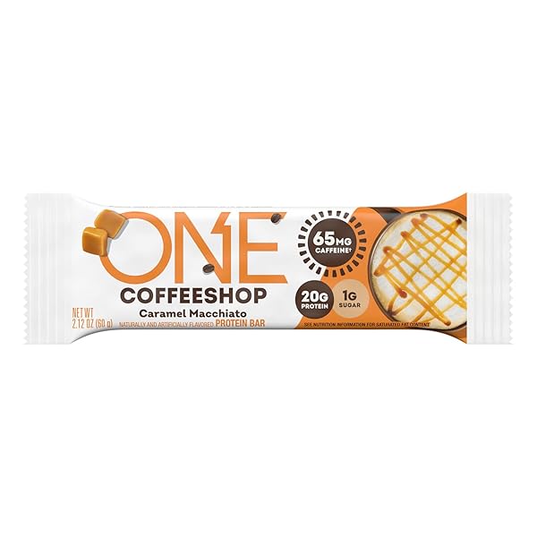 ONE COFFEE SHOP CAFFEINATED PROTEIN BARS, CARAMEL MACCHIATO, GLUTEN FREE WITH 20G PROTEIN AND 65MG OF CAFFEINE ENERGY, PANTRY STAPLES, 2.12 OZ (12 COUNT), PACKAGING MAY VARY