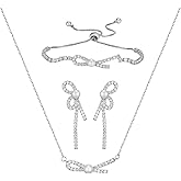 SWEETV Pearl Bridal Jewelry Set for Wedding, Bow Necklace and Earring Sets for Women Bridal Bridesmaid, Cubic Zirconia Silver Jewelry Set Wedding Prom Anniversary Jewelry Gifts