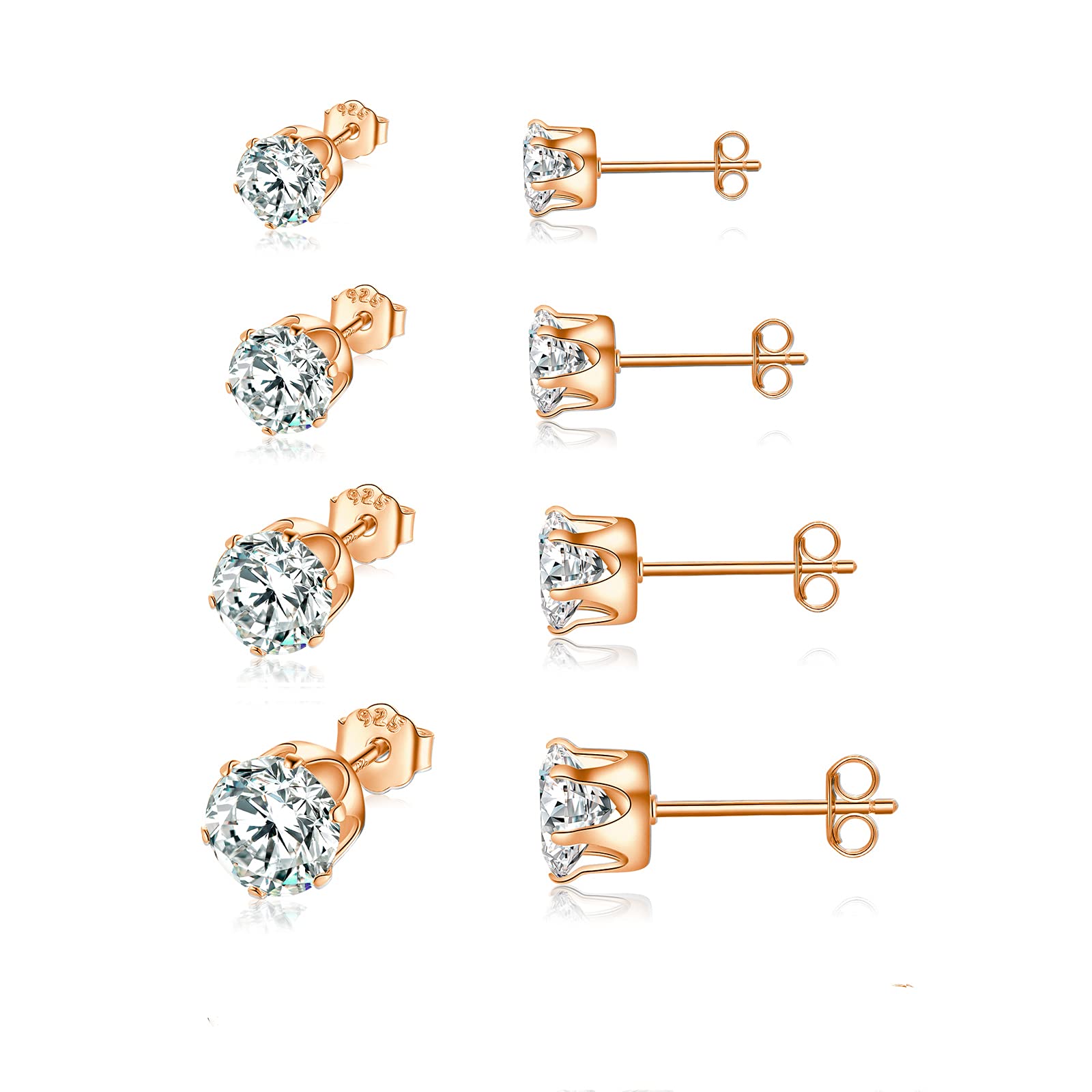 Shuxin Silver Stud Earrings for Women, 925 Sterling Silver Rose Gold Zirconia Stud Earrings Set, Tiny Small Sleeper Cartilage Studs, Sterling Silver Stud Earrings for Women Men, 3/4 / 5 / 6mm