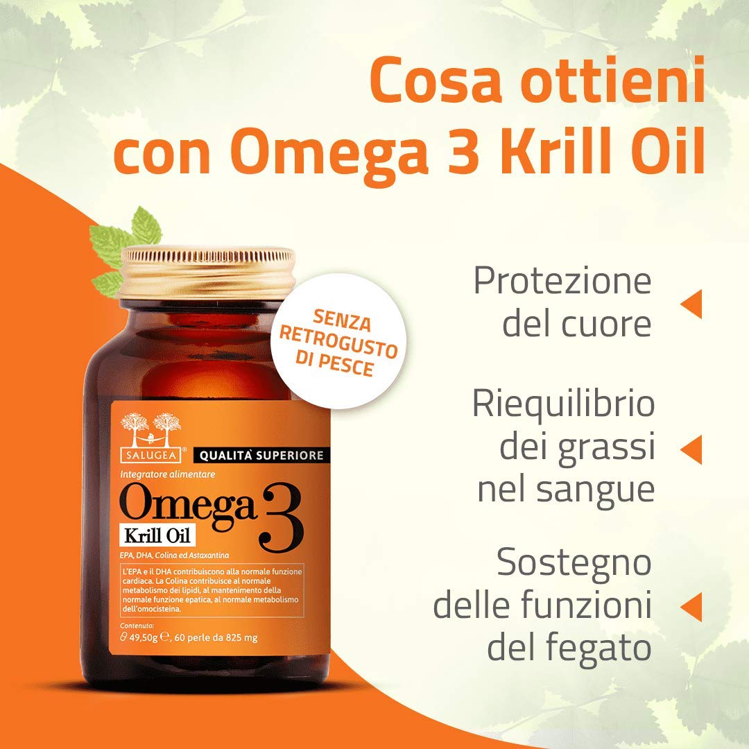 Omega 3 Krill Oil Salugea 100 Naturale Da Puro Olio Di Krill Antartico Con Colina E Astaxantina Epa E Dha Altamente Assimilabili 60 Perle