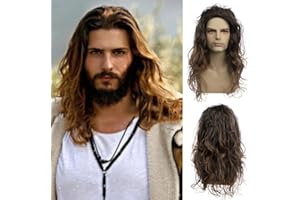 Baruisi Long Curly Wavy Brown Wigs for Men Synthetic Natural Party Halloween Cosplay Hair Wig