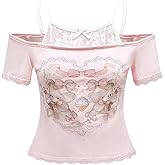 SOLY HUX Women's Y2K Coquette Aesthetic Crop Tops Summer Kawaii Clothes Cute Lace Bow Cold Shoulder Graphic Tees