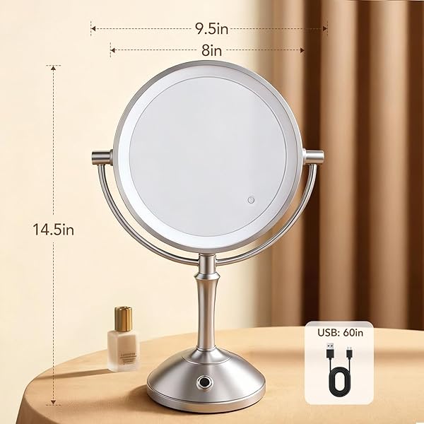 PJE VANITY MIRROR WITH LIGHTS,360 MIRROR MAGNIFYING MIRROR WITH LIGHT 10X,3 LIGHT SETTINGS RECHARGEABLE MAKEUP MIRROR,DIMMABLE TOUCH CONTROL TABLETOP MAKEUP MIRRORS WITH LIGHTS FOR HOME,HOTEL & SALON