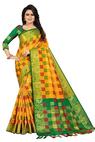Checkered Banarasi Jacquard Cotton Silk Saree for women (Yellow)