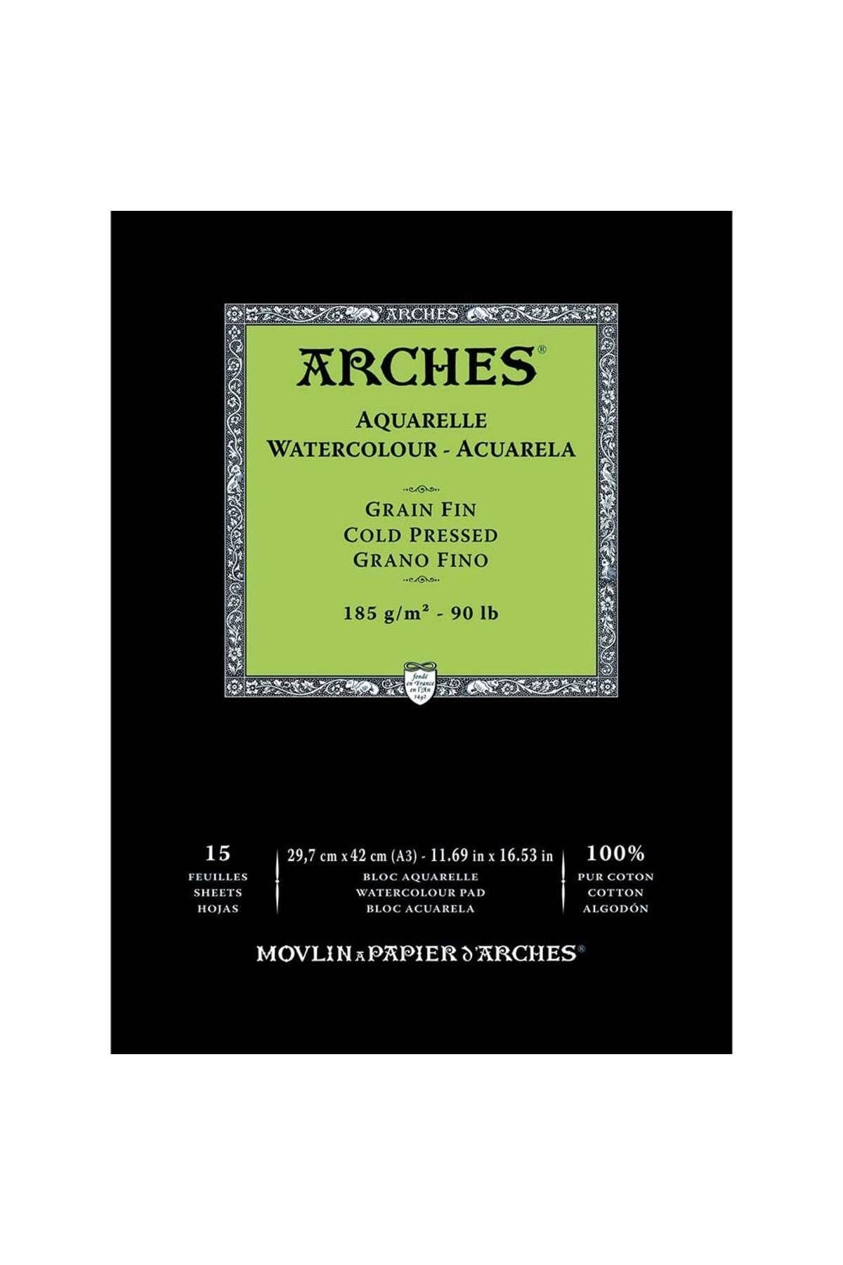 Arches Watercolour Block Glued 1 Side (12 Sheets) - Fine Grain - 185 G/Mq - A3