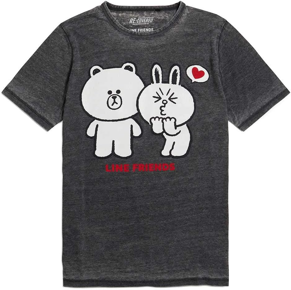 Recovered LINE Friends T-Shirt - Brown & Cony Tee - Charcoal - Officially Licensed - Vintage Style, Hand-Printed, Mens/Unisex