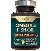 Omega 3 Fish Oil 2400 mg - Triple Strength Fish Oil Omega 3 Capsules - Essential Fatty Acids EPA & DHA Supplement - Best Brain & Heart Health Support Supplements - USA Bottled, Non-GMO - 180 Softgels
