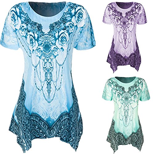 Plus Size Womens Clothing Respctful✿ Casual Short Sleeve T Shirt Boho Floral Print Top Ladies Casual Hem Blouse Blue