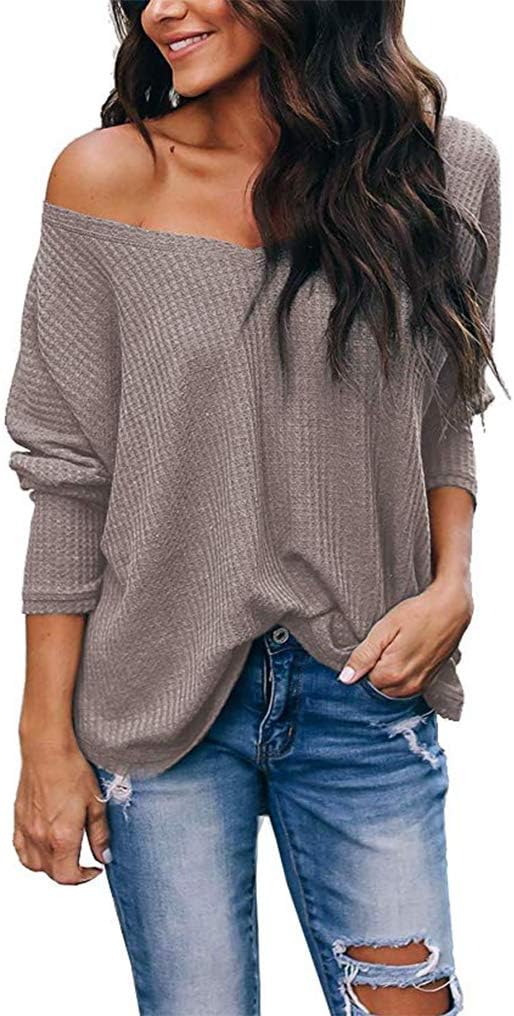 Women's Casual V-Neck Off Shoulder Batwing Sleeve Pullover Waffle Knit Blouse Loose Top Shirt