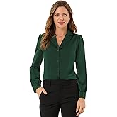 Allegra K Women's Elegant Collar Blouse St Patrick's Day Long Sleeve Work Office Button Down Satin Shirt