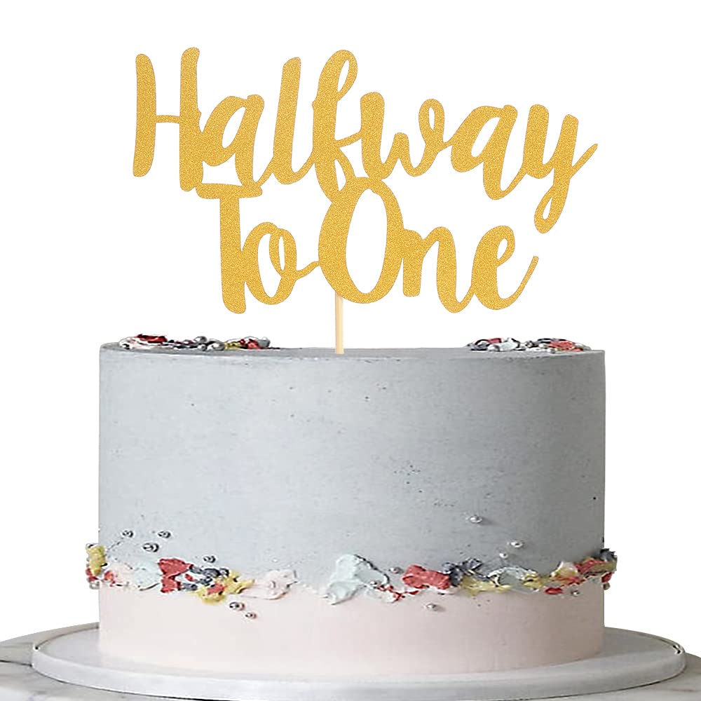 Half way To One Cake Topper - Single-side Gold Glitter 1/2 Way to One Cake Topper, Boy or Girl 6 Months Birthday Party Decoration Supplies, Baby Six Months Old Birthday Party Decorations