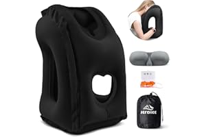 JefDiee Inflatable Travel Pillow, Airplane Neck Pillow Comfortably Supports Head and Chin for Airplanes, Trains, Cars Office Napping on The Tray Table (Black)