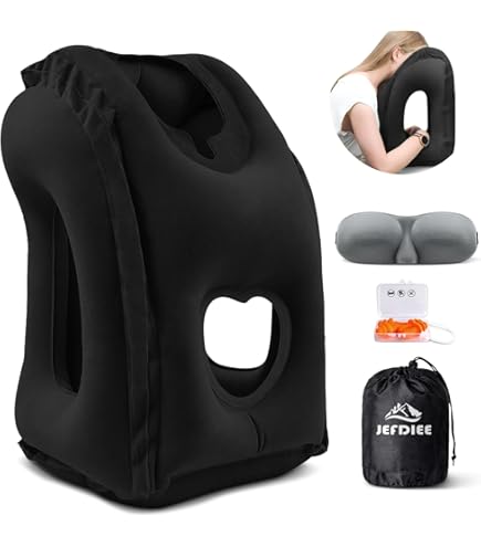 Oreiller De Voyage Gonflable Ultra Léger Avec Masque Et Bouchons - Anti-douleur Nuque Pour Avion, Train, Bureau | Sac Inclus