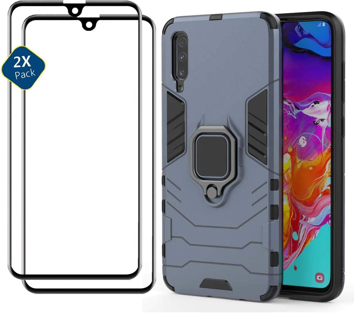HUUH Case + 2 Pack Screen Protector Compatible with Samsung Galaxy A01, TPU + PC double layer protection hidden bracket mobile phone case holster(Navy blue)