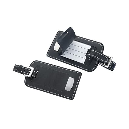 2er Set Schwarzer Kofferanhänger aus Bonded Leder (Lederfaserstoff) mit Metallplättchen - verdecktem Adressfeld und Ziernaht