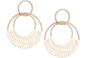 SELFWIMG Raffia Hoop Earrings for Women Fun Boho Summer Beach Earrings Lightweight Handmade Straw Wicker Rattan Dangle Earrings Statement Geometric Round Drop Earrings