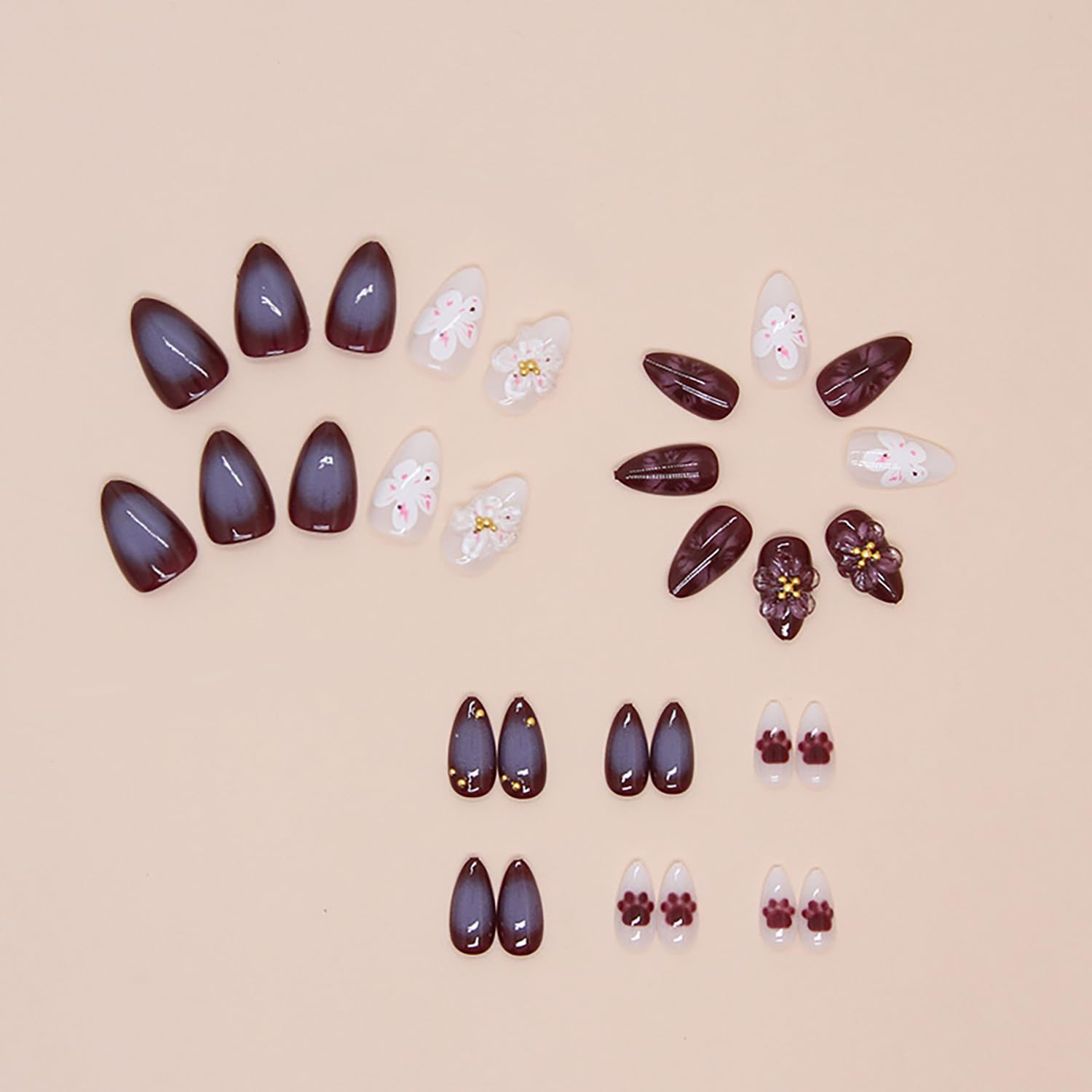 Press on Nails Medium Almond Shaped 3D Flower False Nails with Gold Pearl Design Brown Acrylic Nails Smudge Fake Nails Full Cover Coffin Nails Reusable Glue on Nails for Women 30Pcs - Image 5