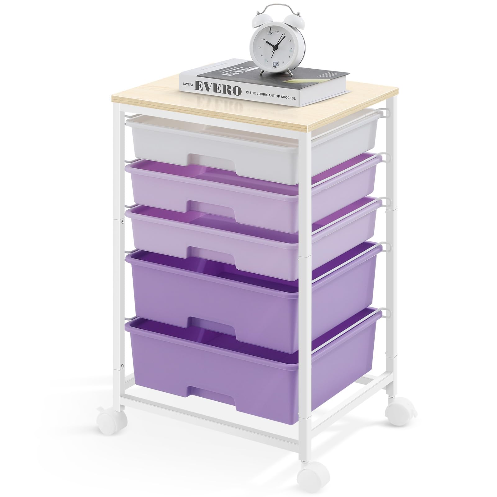 Photo 1 of SYKIARIOL Utility Cart with 5 Drawers,Storage Drawer Cart with Wooden Tabletop and Lockable Wheels,Craft Storage Trolley Cart,5-Tier Rolling Utility Cart on Wheels,Purple