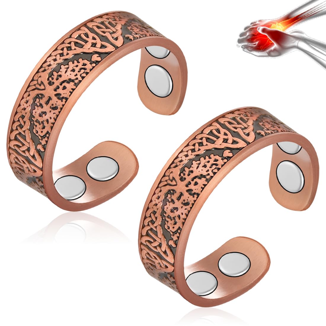 Vicmag 4X Strength Magnetic Copper Rings for Women with 3500 Gauss Magnets 100% Solid Pure Copper Adjustable with Jewelry Gift Box 2PCS (Copper Life Tree)