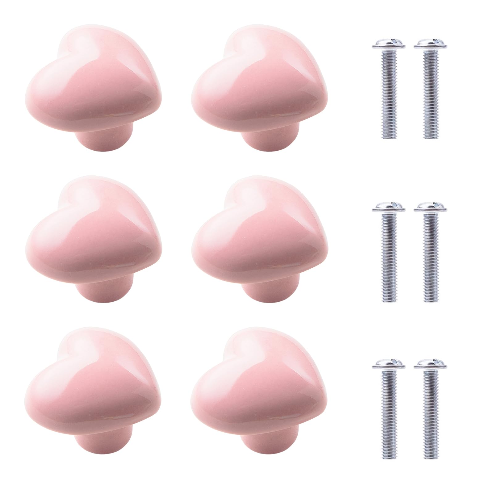 Xinlie Pack of 6 Ceramic Knob Furniture Knobs Drawer Handle Heart Shape Handles with Screws Handles Knob Pink for Drawers Cupboards Doors Kitchen Furniture with Screws