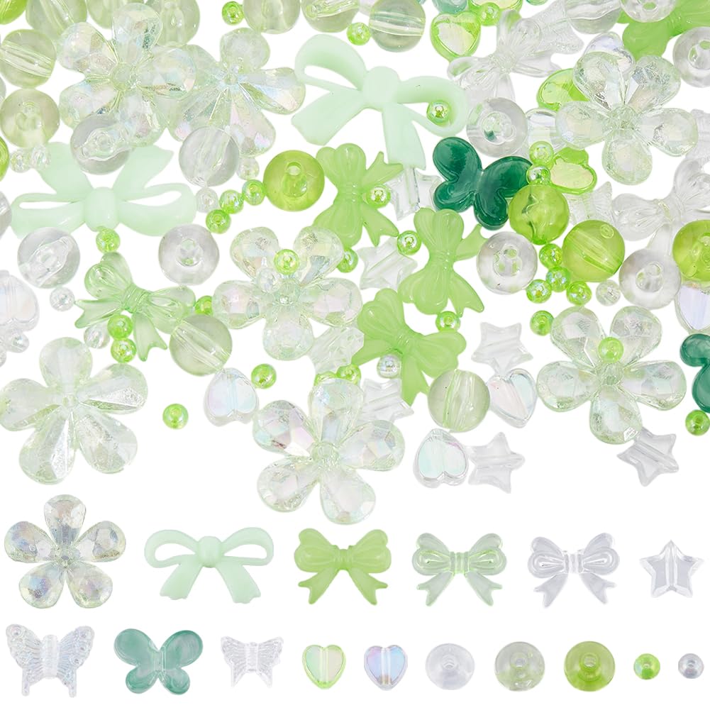 SUNNYCLUE 300Pcs 16 Styles Assorted Green Beads Acrylic Bead Bracelet Kit Transparent Small Round Cute Hearts Flowers Star Bowknot Beads for Jewellery Making Necklaces Crafts Christmas Women Adults