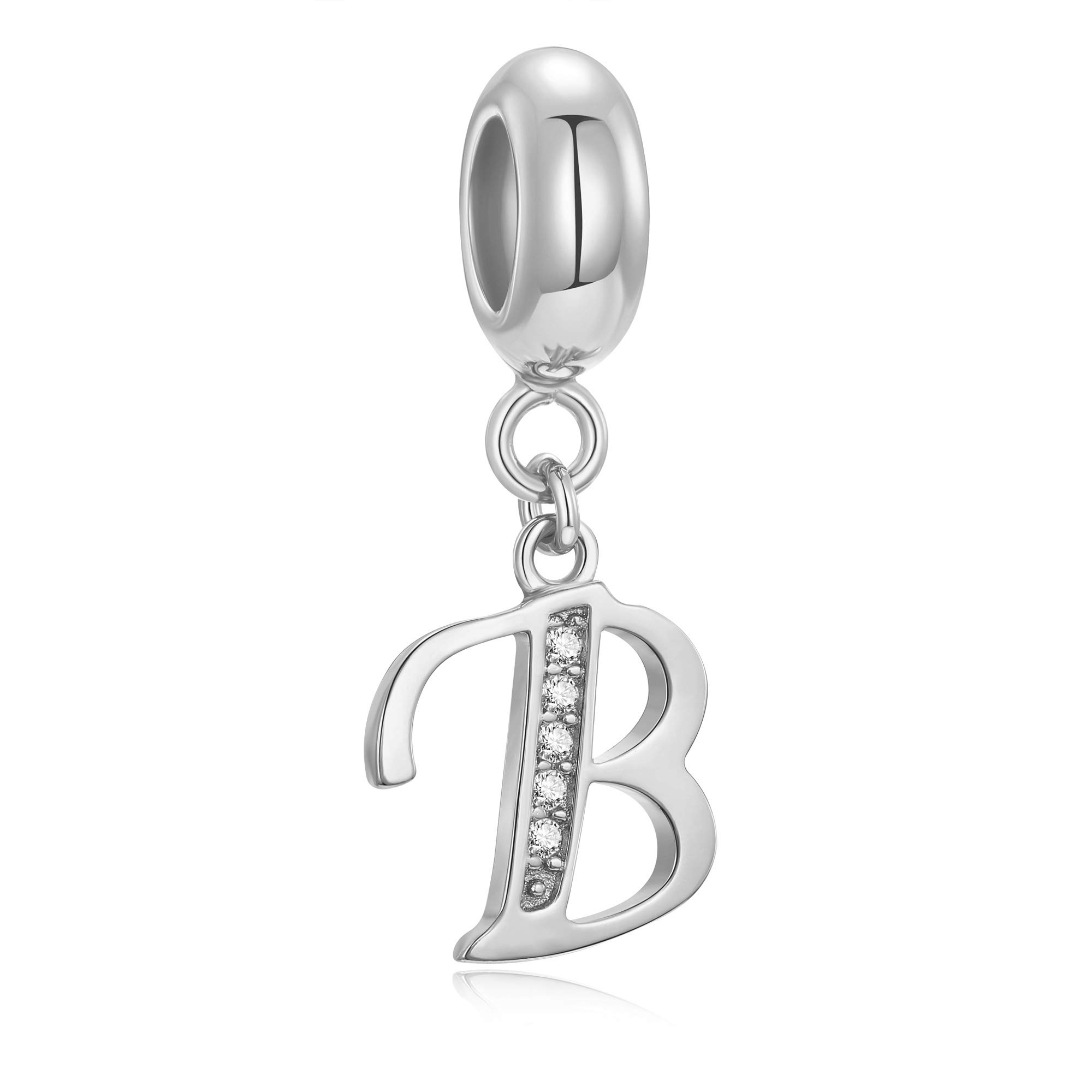 Genuine 925 Sterling Silver Letter Beads Initial A-z Dangle Alphabet Crystal Charm Fits European Bracelet Necklace (Letter B)