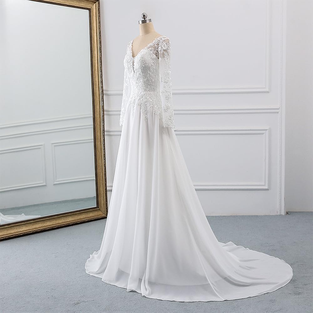Findlovewedding Wedding Dresses for Bride with Lace Appliques Chiffon A Line Women Dress Long Sleeves Beach Bride Dress