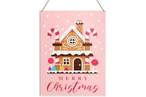 THOQII Merry Christmas Wall Decor, Christmas Decorations Hanging Sign for Home Door Kitchen Pink Gingerbread House Holiday Decor Xmas Wooden Plaque