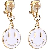 Preppy Clip On Earrings for Women Non Piercing Smile Face Pendant Pink White Gold Small Dangle Drop Earrings Trendy Y2K Jewelry Gifts