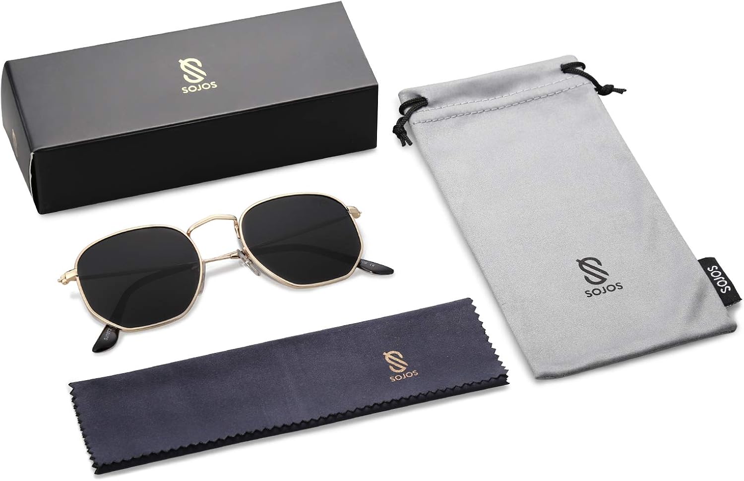 SOJOS Small Square Polarized Sunglasses for Men and Women Polygon Mirrored Lens SJ1072 with Gold Frame/Grey Lens: Clothing