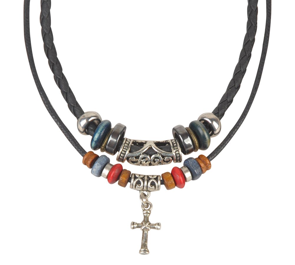 Boho Double Cord Hemp Leather Choker Necklace with Cross Pendant, Adjustable 36 cm (14 inches)
