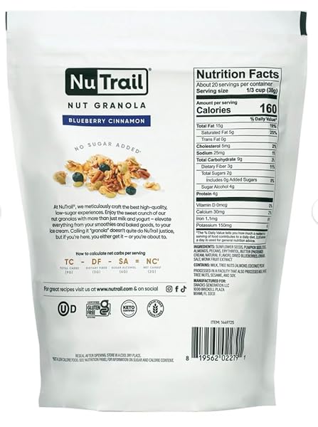 LOW KARB NUTRAIL, KETO BLUEBERRY NUT GRANOLA HEALTHY BREAKFAST CEREAL, LOW CARB SNACKS & FOOD, ALMONDS, PECANS, COCONUT AND MORE, 2G NET CARBS, 1.37 LB, 22 OZ
