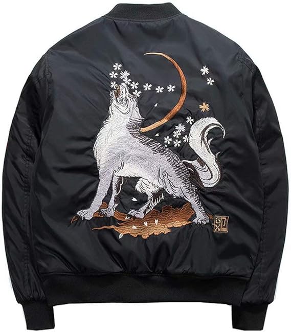 Amazon Tenflow スタジャン メンズ フライトジャケット 中綿 刺繍 スカジャン 狼柄 Ma 1 ブルゾン ジャンパー ジャケット 男女兼用 黒 春 秋 冬 コート ジャケット 通販