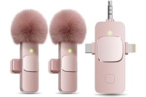 PQRQP 3 in 1 Wireless Lavalier Microphone for iPhone, iPad, Android, Camera, Mini Microphone, 7-Hour Battery, High Definition Sound Quality for Interview, Video Podcast, Vlog (Pink)