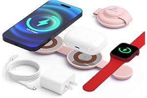 MO4TRAVEL 33W Fast Charge Magnetic 3 in 1 Charging Station for Apple Magsafe Charger, Foldable Max Fast Wireless Charger for iPhone 15/14/13/12 Pro/Pro Max/Mini/Plus, Apple Watch, AirPod (Pink)