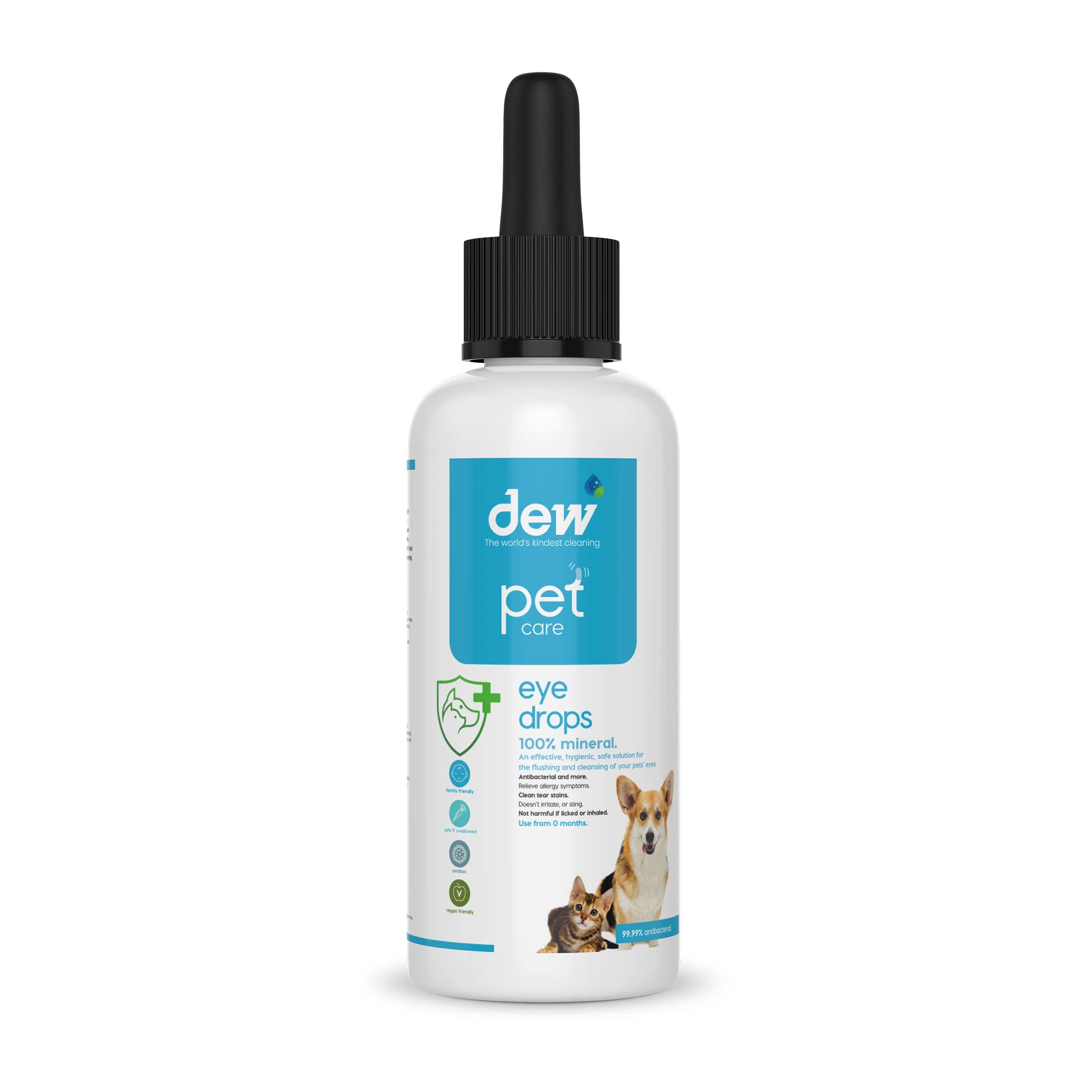 Dew Pet Eye Drops 65ml – 100% Mineral-Based, pH Balanced, Alcohol & Paraben Free – Hypoallergenic, Vegan & Gentle Antibacterial Cleansing for Pets’ Eyes – Refillable – Made in UK