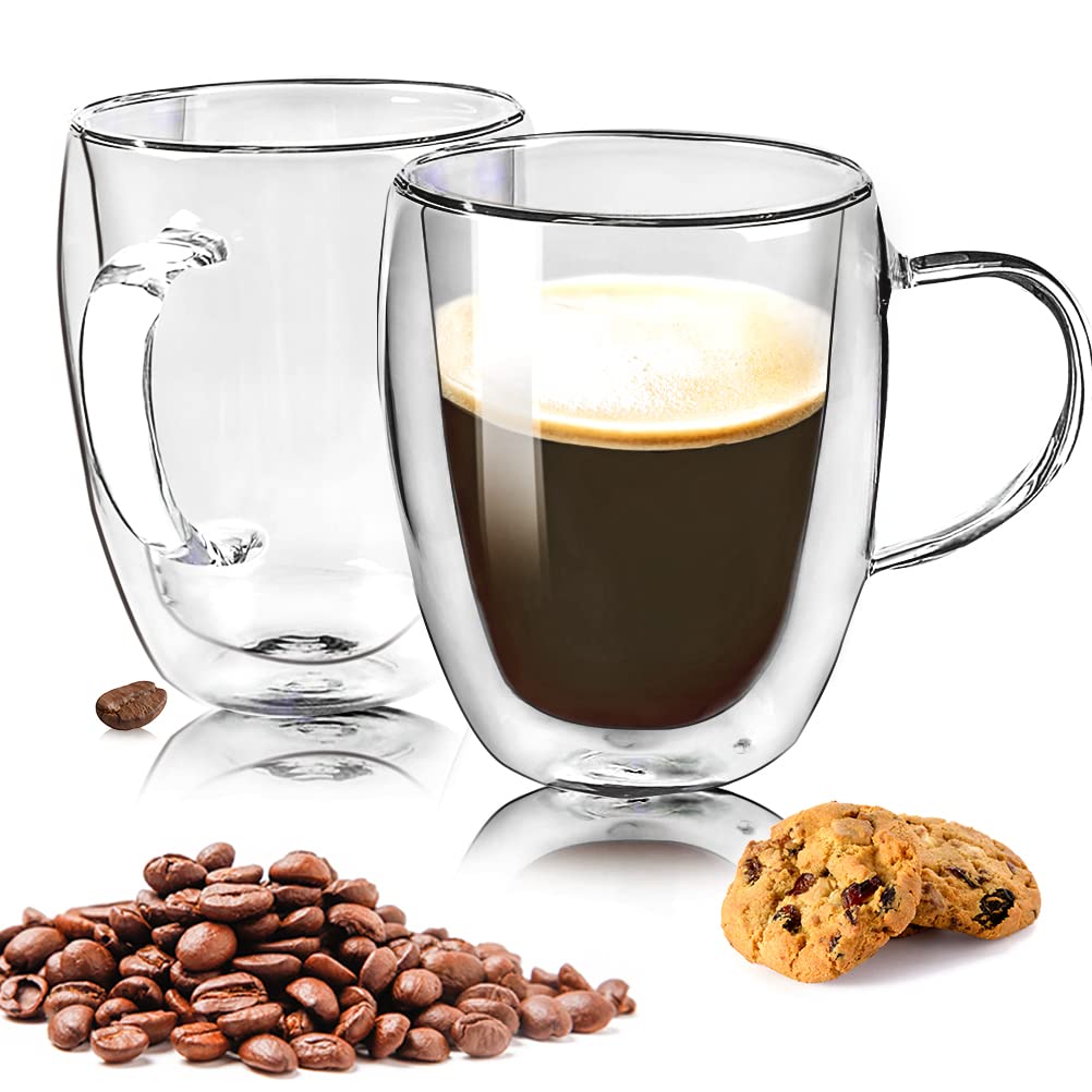 2 Set of 350 ml Double Wall Glass Coffee Mug With 2 Coasters, Insulated Glasses With Handle, Heat Resistant Thermal Coffee Cups
