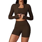 Workout Sets for Women 3 Piece High Waisted Seamless Shorts Crop Top Jacket Gym Yoga Outfit Stretchy Sports Bra Sets